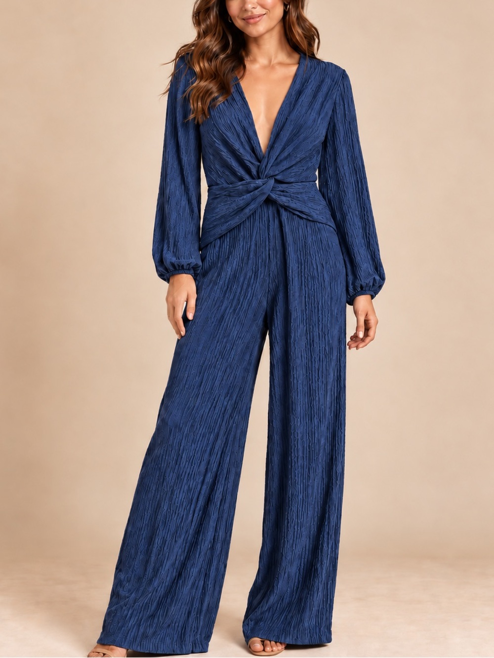Women’s Navy Long-Sleeve Twist-Front Jumpsuit